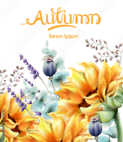 Autumn yellow flowers bouquet card vector watercolor. Isolated background. Pr...
