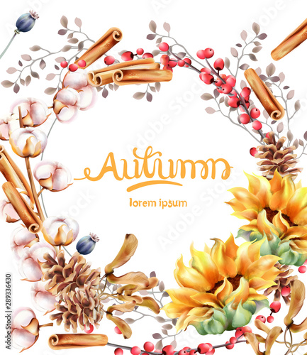 Cotton, cinnamon and berries autumn wreath bouquet card vector watercolor. Is...