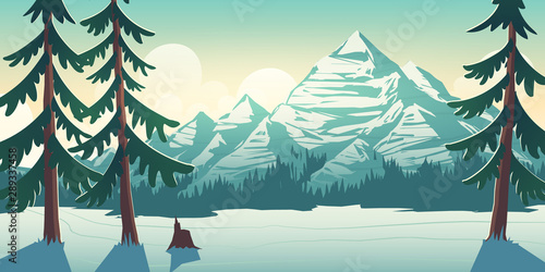 Wild northern nature, Canada or Alaska national park landscape with sun disk rising at morning from upon mountains range, pine forest at rocks foot, spruces in foreground cartoon vector illustration