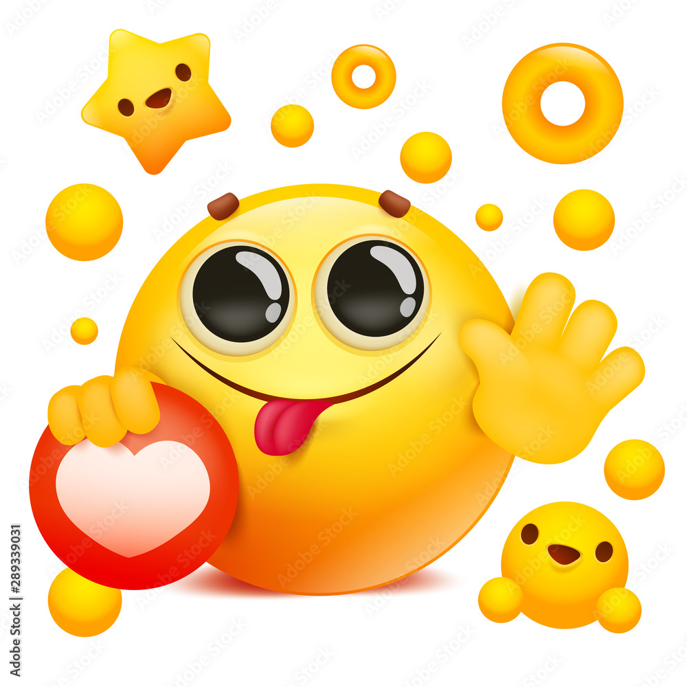 yellow emoji 3d smile face cartoon character holding social network icon