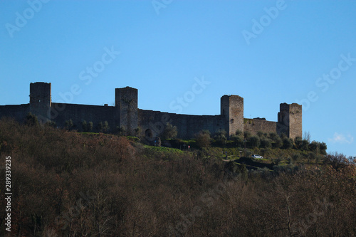 Scenic view of wall and towers of medieval town Monteriggioni on the hill  Tuscany  Italy