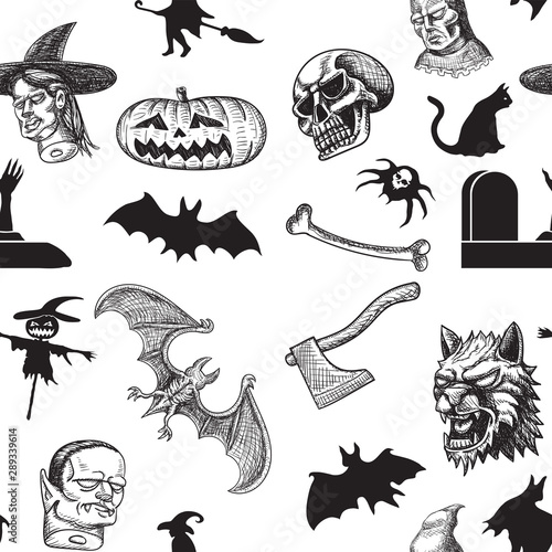 Happy Halloween. Seamless pattern witch vampire spider witch executioner pumpkin executioner axe skull bat coffin stuffed Vector image.