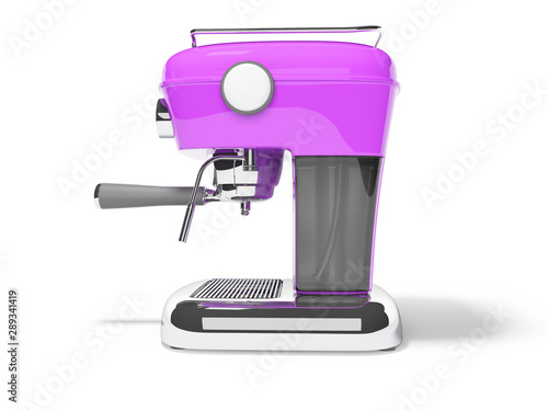 Modern purple horn coffee machine left view with water tank 3D render on white background with shadow