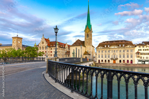 Zurich. Old city embankment and medieval houses at dawn.