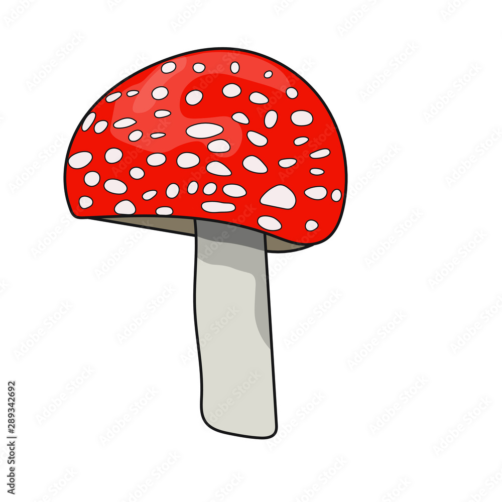 Cartoon two-dimensional illustration of a small red mushroom with white