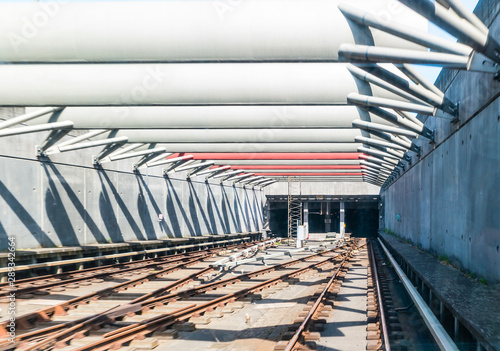 Metro rail tracks in in metro tunnel. Copenhagen metro