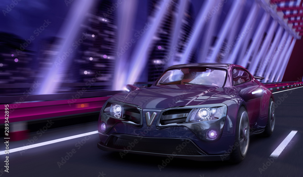 Purple passenger car of the original design rides on the night bridge. 3D illustration