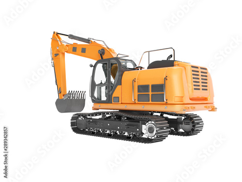 Construction machinery orange large excavator rear view 3D render on white background no shadow