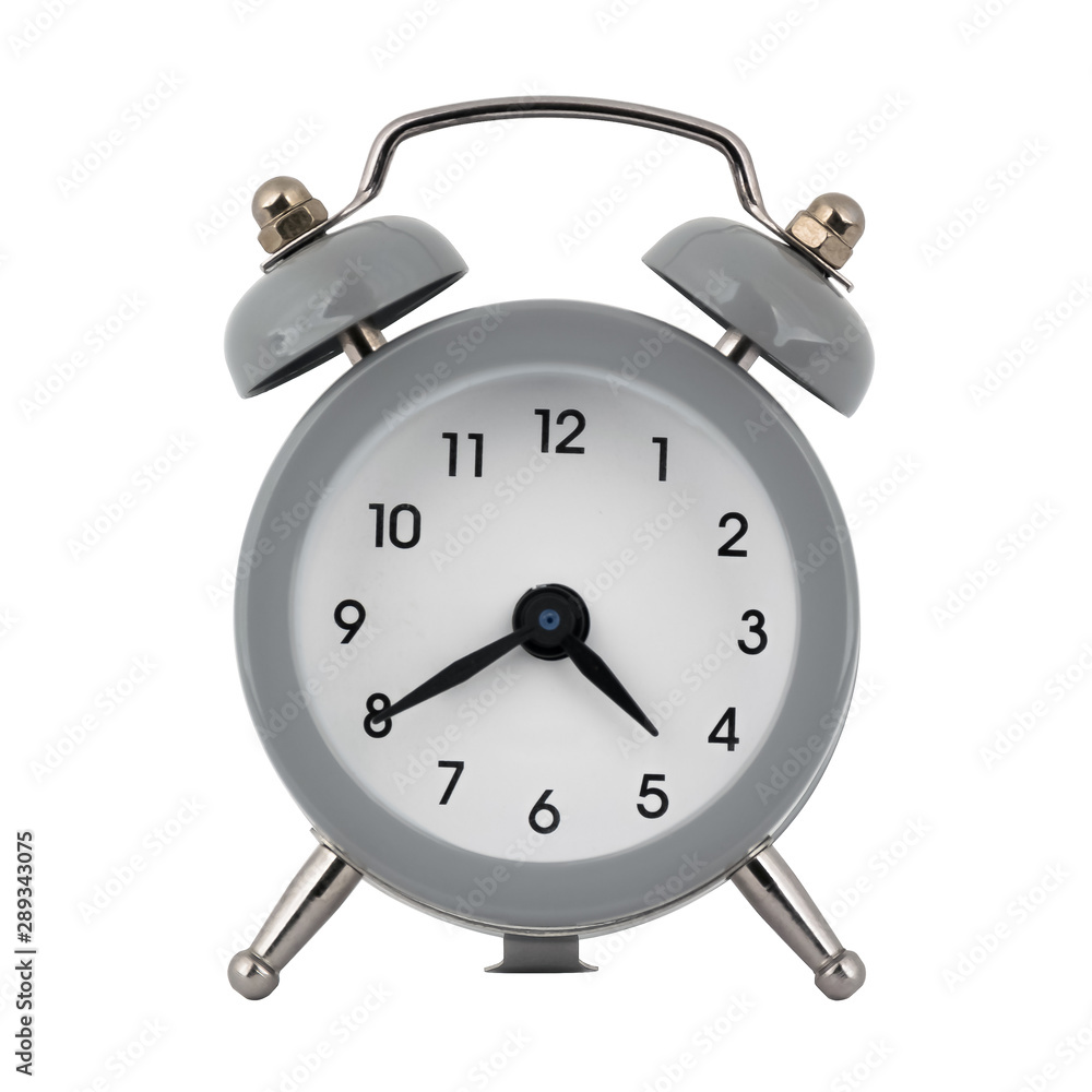 A gray clock with an alarm clock on a white background shows the arrows four hours forty minutes or sixteen hours forty minutes A gray clock with an alarm clock on a white background shows the arrows four hours forty minutes or sixteen hours forty minutes