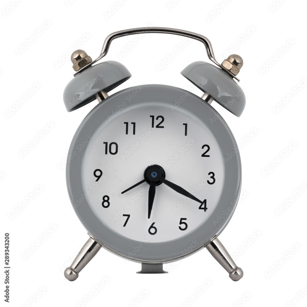 A gray clock with an alarm clock on a white background with arrows showing the time six hours twenty minutes or eighteen hours twenty minutes A gray clock with an alarm clock on a white background with arrows showing the time six hours twenty minutes or eighteen hours twenty minutes