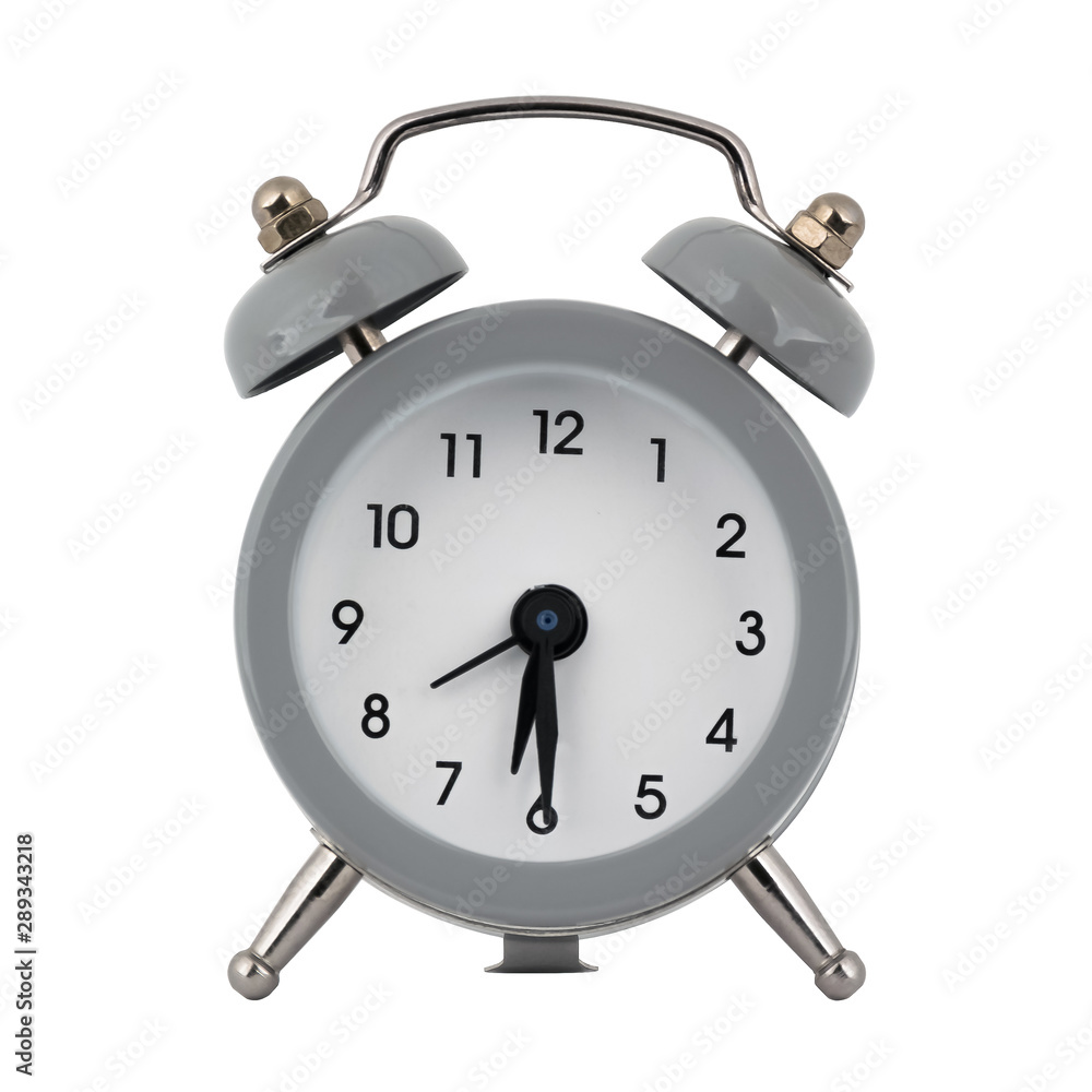 A gray clock with an alarm clock on a white background with arrows showing the time six hours thirty minutes or eighteen hours thirty minutes A gray clock with an alarm clock on a white background with arrows showing the time six hours thirty minutes or eighteen hours thirty minutes