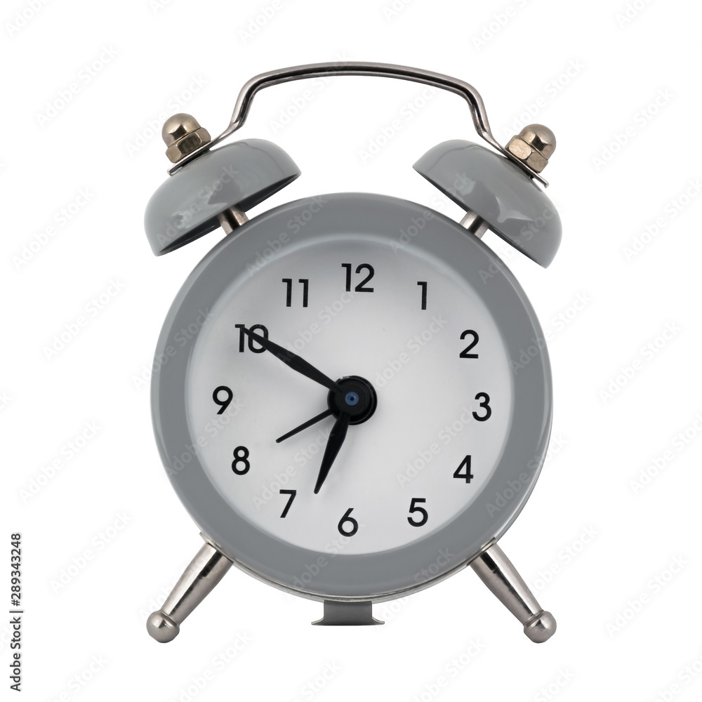 A gray clock with an alarm clock on a white background with arrows showing the time six hours fifty minutes or eighteen hours fifty minutes A gray clock with an alarm clock on a white background with arrows showing the time six hours fifty minutes or eighteen hours fifty minutes