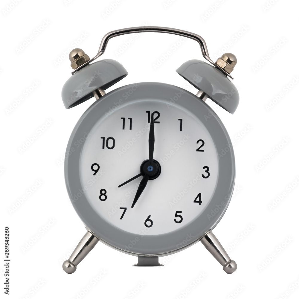 A gray clock with an alarm clock on a white background with arrows showing the time is seven hours or nineteen hours A gray clock with an alarm clock on a white background with arrows showing the time is seven hours or nineteen hours