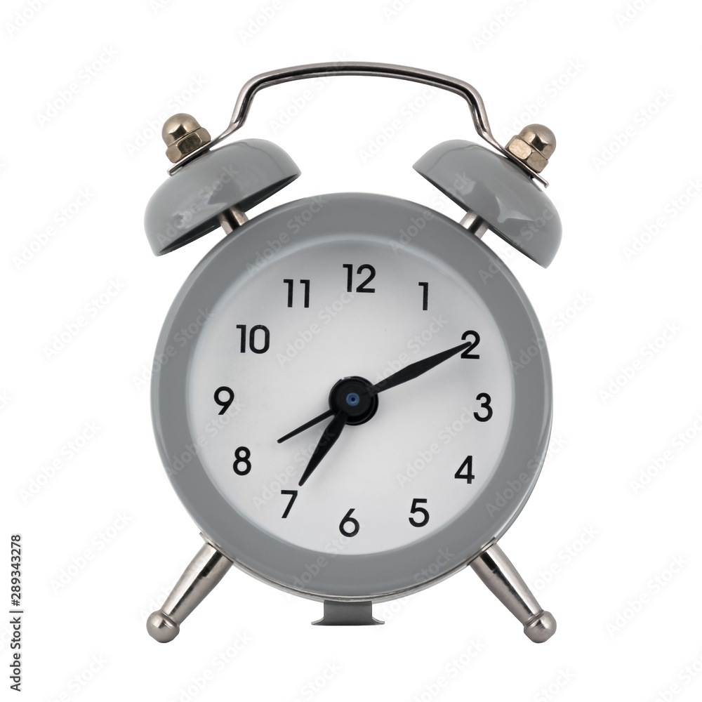 A gray clock with an alarm clock on a white background with arrows showing the time seven hours ten minutes or nineteen hours ten minutes A gray clock with an alarm clock on a white background with arrows showing the time seven hours ten minutes or nineteen hours ten minutes