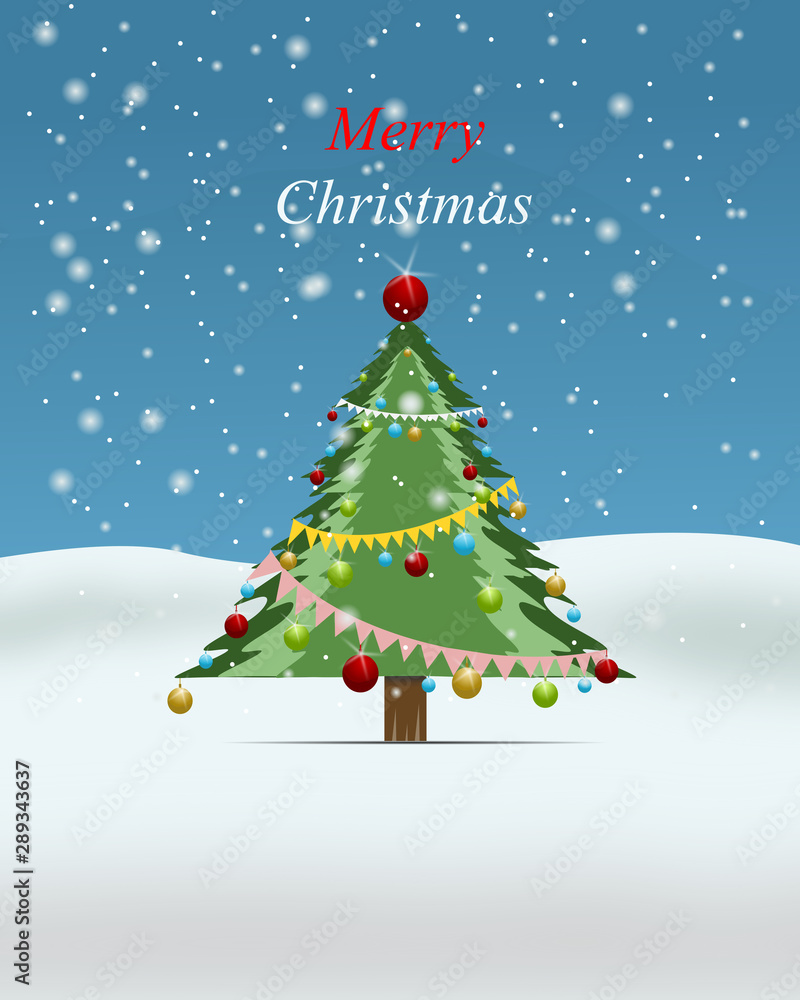 Christmas tree gift card. blue and snow background. Merry Christmas and Happy New Year. winter design Vector illustration