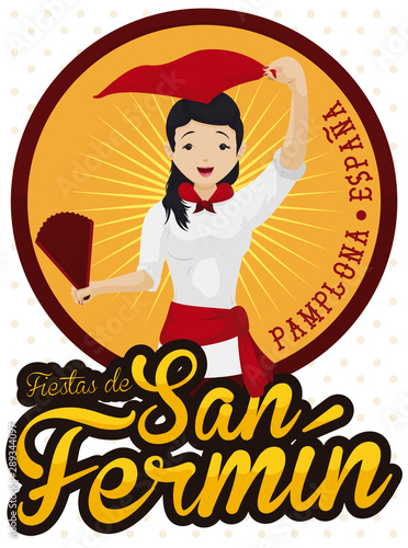 Beautiful Spanish Girl Celebrating San Fermin Festival, Vector Illustration