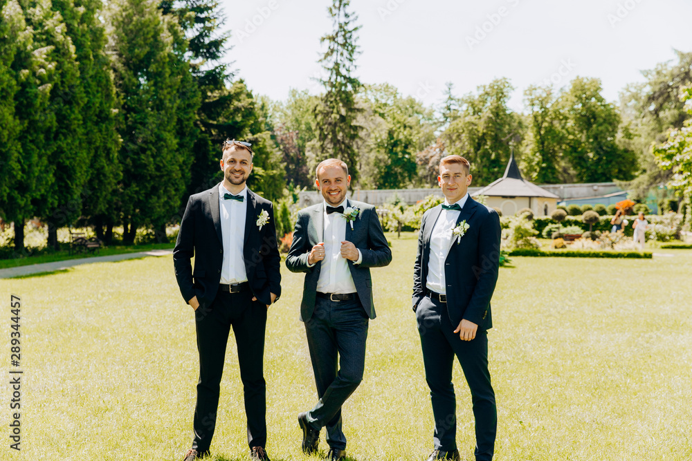 Amazing three guys in suits posing in the park. Amazing three guys in suits posing in the park.