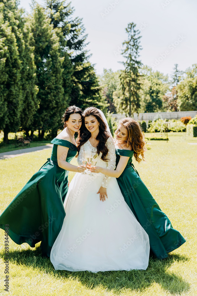 Cute bride with her bridesmaids posing in the park. Cute bride with her bridesmaids posing in the park.