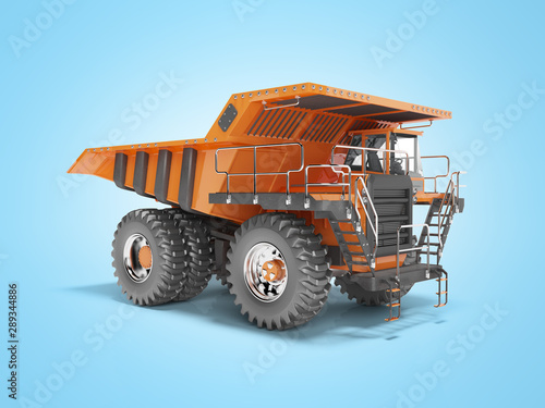 Construction machinery orange mining truck isolated 3D render on blue background with shadow