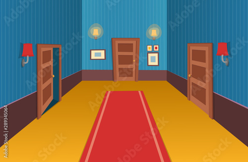 Interior room with doors, lamp and paintings  Vector illustration of cartoon corridor.