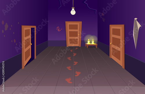 Interior of scary house with doors bloody footprints and candles. Halloween сartoon vector illustration of corridor.
