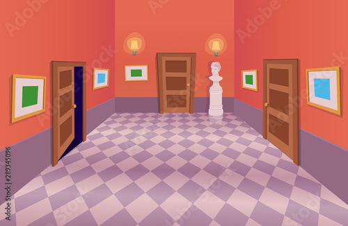 Interior vintage room with doors and a bust of venus. Vector illustration of cartoon corridor.