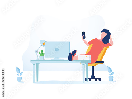 Cool flat style detailed illustration on self employment depicting confident female business owner managing her tasks