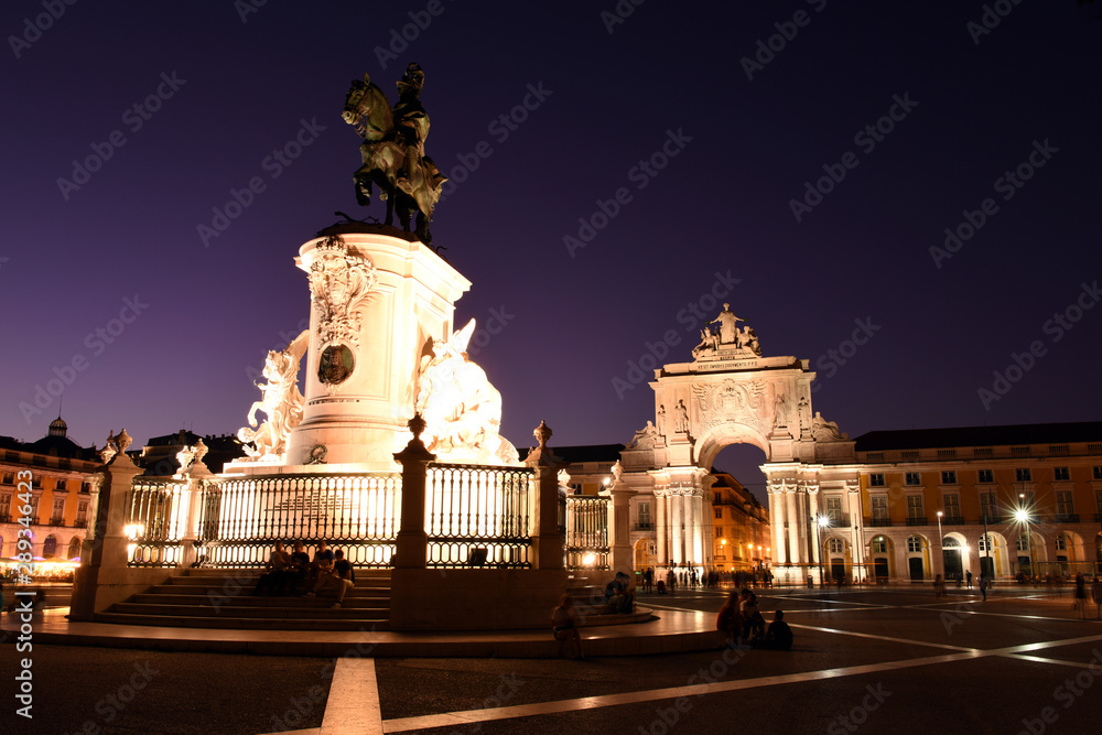 Rua Augusta Arch and statue of King jose I. next to the Praça do Comércio (Commerce square) in Lisbon night view, Portugal 