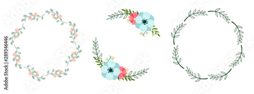 Set of romantic botanical wreaths isolated on white. Floral vector frames.