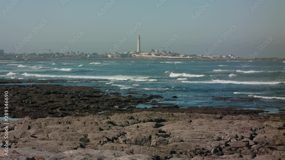 Casablanca light house. El Hank Lighthouse with the Atlantic ocean waves, Morocco, 4K Casablanca light house. El Hank Lighthouse with the Atlantic ocean waves, Morocco, 4K