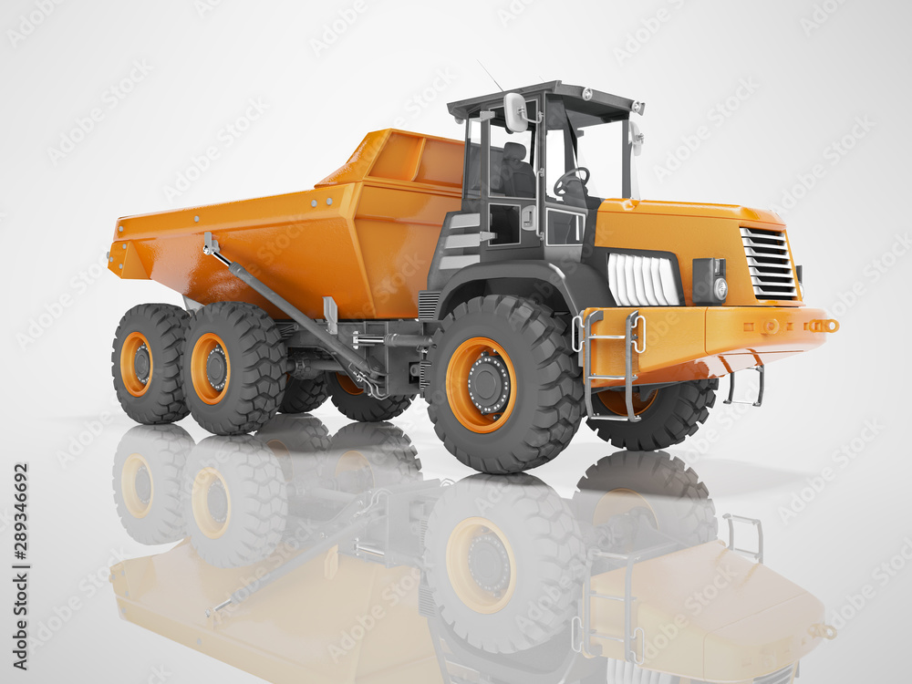 Construction machinery orange quarry truck for transporting stones 3d render on gray background with shadow