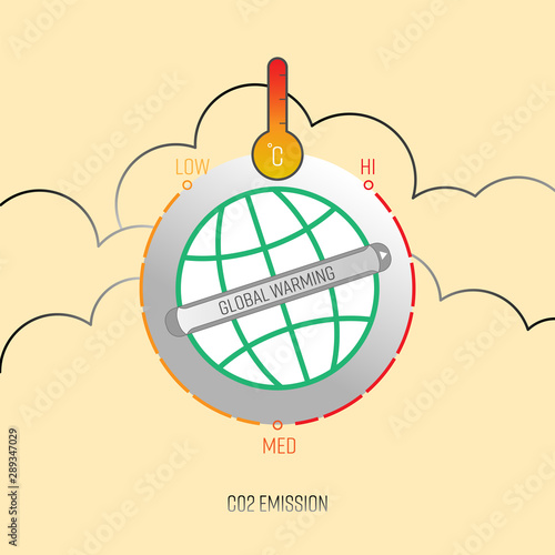 CO2 emission causing global warming. Oven button adjusted to high temperature as a gimmick for global warming. Vector illustration outline flat design style.