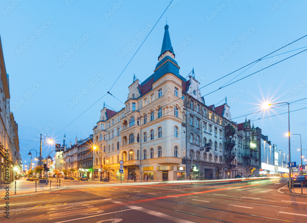 The old building in the evening. Katowice