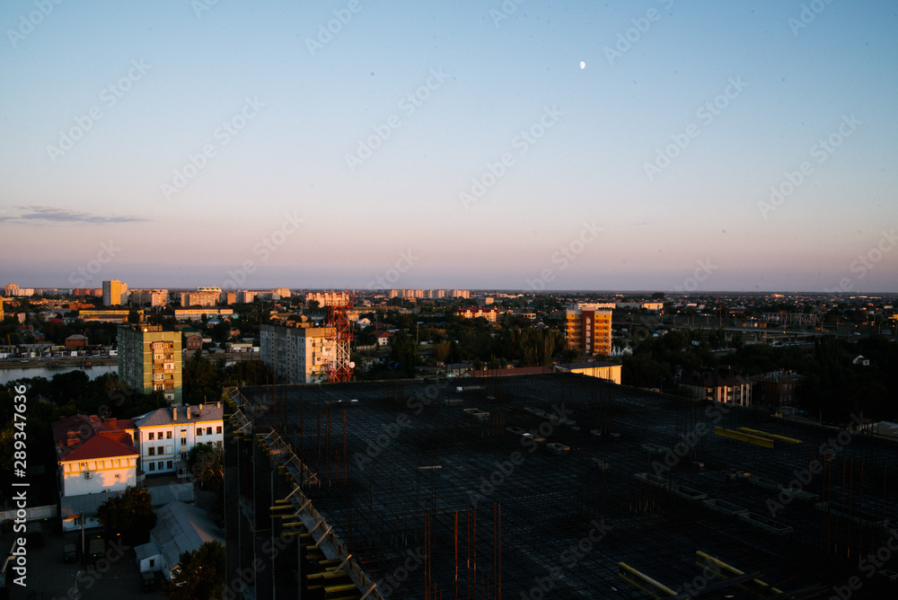 Dawn over the city in the summer in Russia. Cityscape in Russia.Aerial view