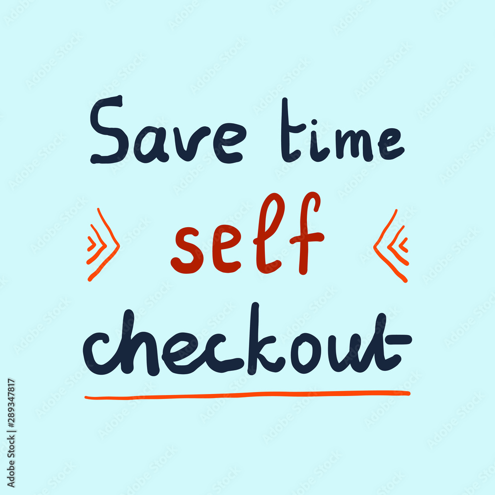 Self checkout orange text. hand drawn colorful lettering decorated with orange elements. and another words on blue background . vector illustration of self service