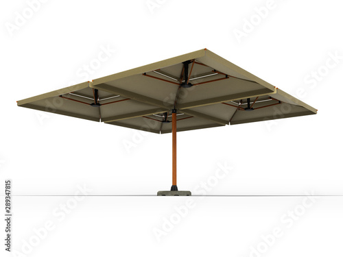 Concept of large umbrella for restaurant on central support 3D render on white background with shadow