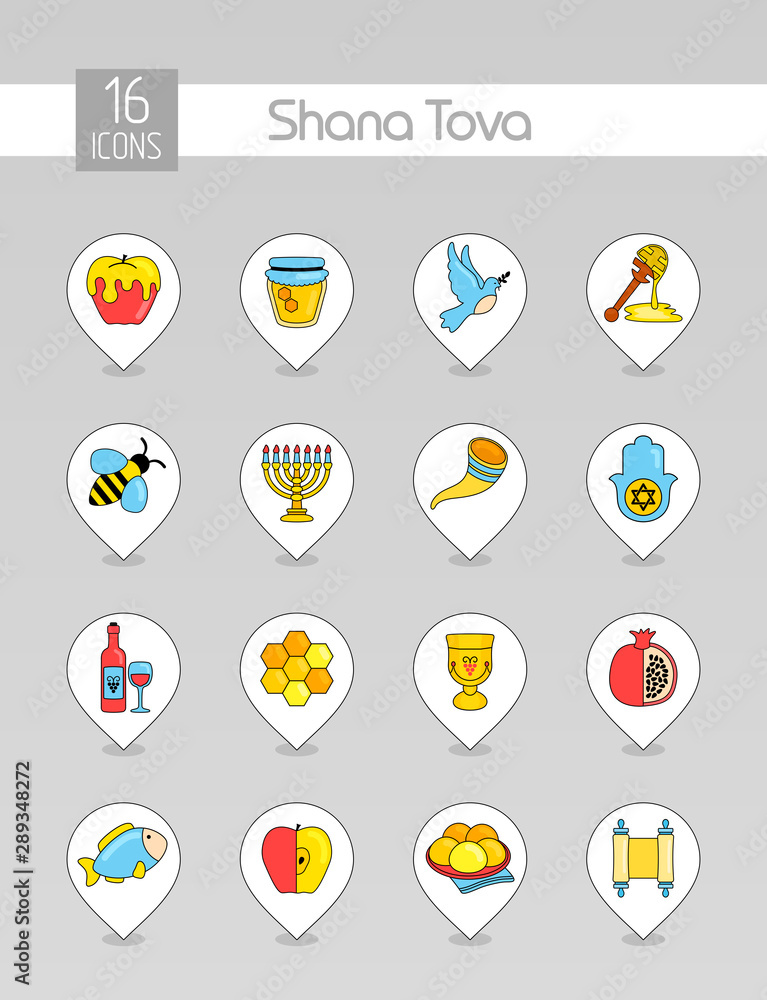 Rosh Hashanah, Shana Tova Jewish New year icon set