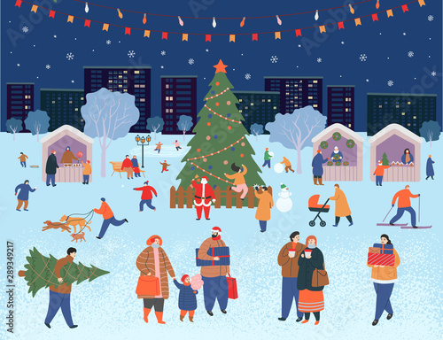 Holiday fair, christmas in the park. Big set of people in winter. People walking, buying gifts, drinking coffee, skating, skiing, making a snowman, walking dogs.  Flat cartoon vector illustration.