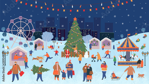 Holiday fair, christmas in the park. Big set of people in winter. People walking, buying gifts, drinking coffee, skating, skiing, making a snowman, walking dogs.  Flat cartoon vector illustration.
