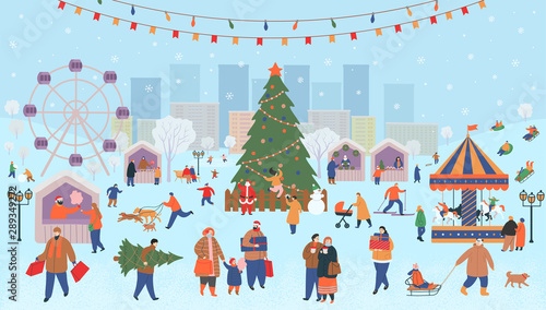 Holiday fair, christmas in the park. Big set of people in winter. People walking, buying gifts, drinking coffee, skating, skiing, making a snowman, walking dogs.  Flat cartoon vector illustration.