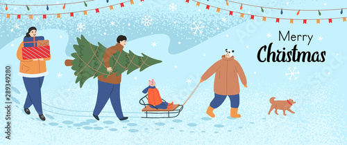 Merry Christmas greeting card with a family walk. Mom and dad are carrying gifts and a Christmas tree,the boy is pulling the sleigh with the girl on it. The dog walks in the front. Vector cartoon.  