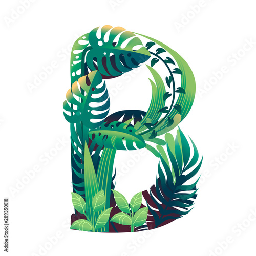 Leaf letter B with diffirent types of green leaves and foliage flat vector illustration isolated on white background