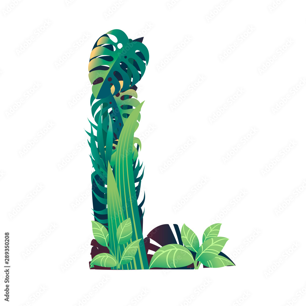 Leaf letter L with diffirent types of green leaves and foliage flat ...
