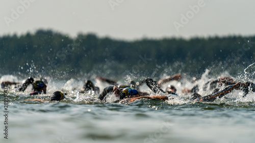 Triathletes swimming in a lake at a triathlon competition