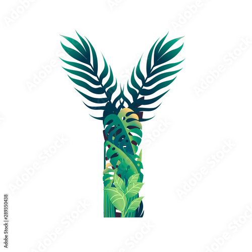 Leaf letter Y with diffirent types of green leaves and foliage flat vector illustration isolated on white background