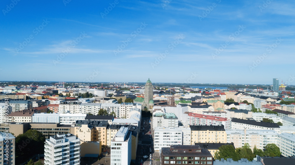 Helsinki city , Kallio church tower. Beautiful summer day, blue sky and clouds