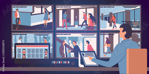 Security room in which working professionals. The worker control room in front of monitors displaying video surveillance cameras. Vector illustration in a flat style.