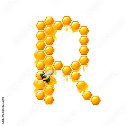 Honeycomb letter R with honey drops and bee flat vector illustration isolated on white background