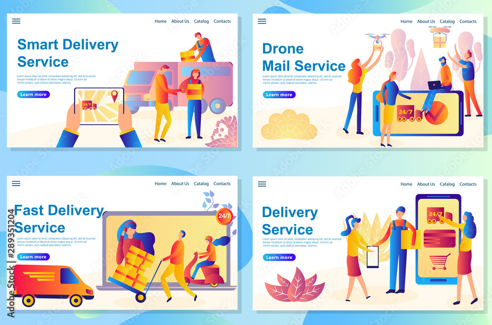 Web landing page design template for different kinds and stages of delivery services, the process includes human and digital parts Web landing page design template for different kinds and stages of delivery services, the process includes human and digital parts