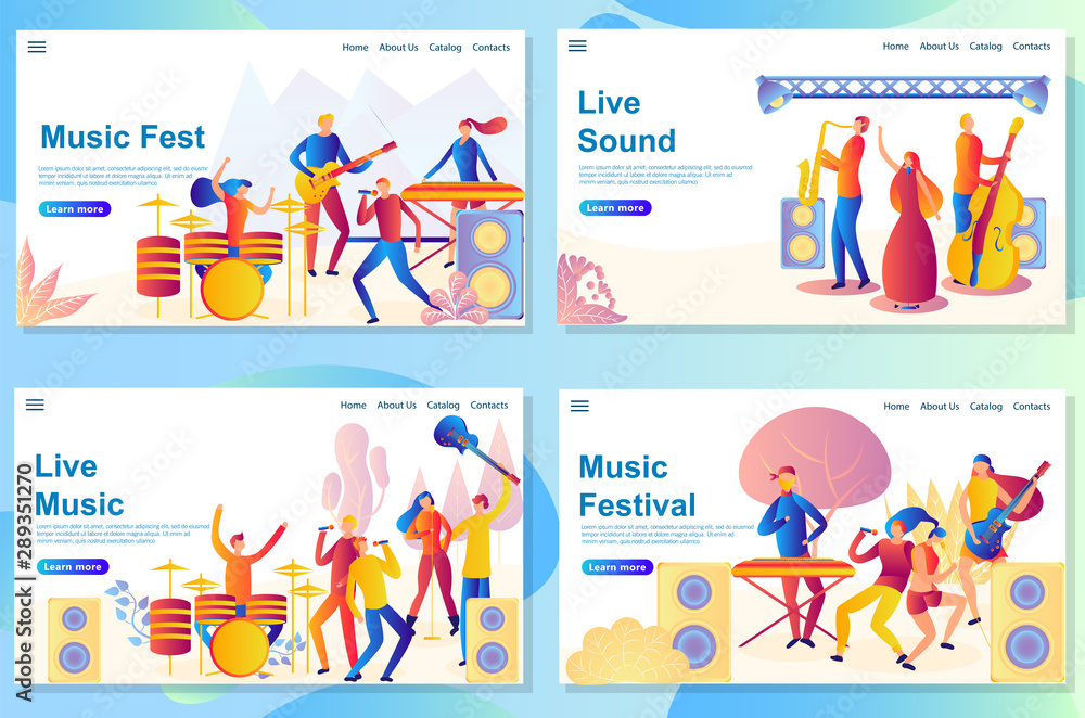 Web landing page design template for music festival concept. Band performing on stage. Men and woman artists outfit playing with musical Instruments, music concert. Web landing page design template for music festival concept. Band performing on stage. Men and woman artists outfit playing with musical Instruments, music concert.